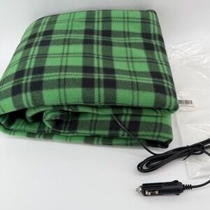 Unbranded Electric Car Blanket 12V Heated Fleece Travel Throw Green Black Plaid